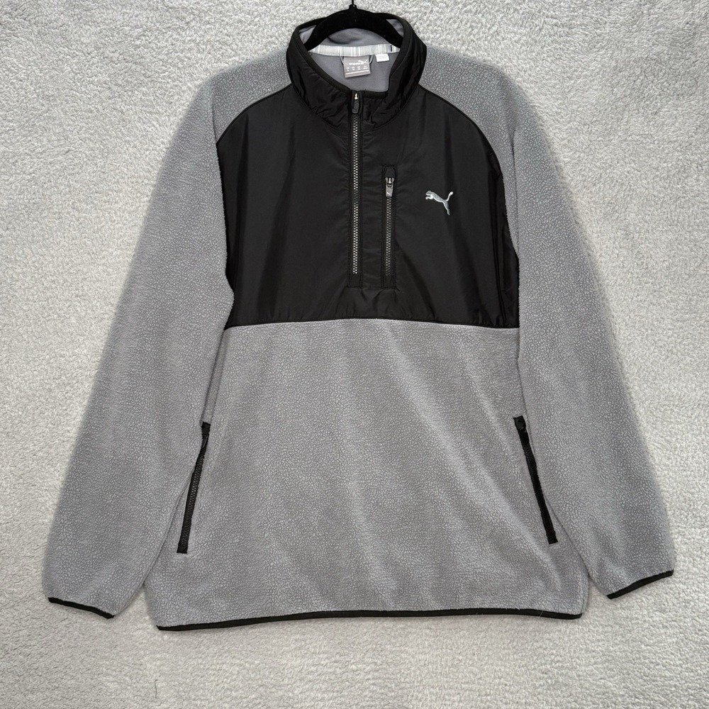 Puma Golf‎ Pullover Mens XL Black Gray Sherpa Fleece 1/4 Zip Athletic Pockets
